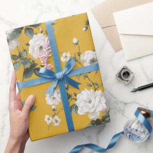 Papel De Regalo Clásico Patrón Floral de Rosa Amarilla Blanca