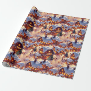Papel De Regalo Clásico pueblo de invierno con temática navideña