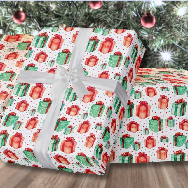 Papel De Regalo Clásico Rojo Verde Fiesta Navidad (Classic Red Green Holiday Presents Christmas Wrapping Paper)