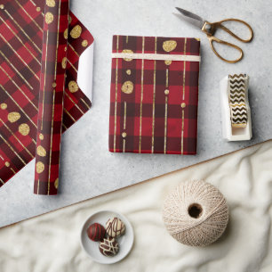 Papel De Regalo Clásico Rojo y Dorado Buffalo Plaid Navidad 