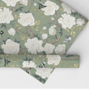 Papel De Regalo Clásico Sage Green White Chinoiserie Flores Aves