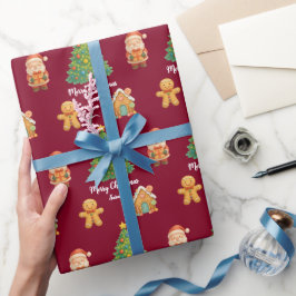 Papel De Regalo Clásico Santa Pan de Jengibre Borgoña Navidad