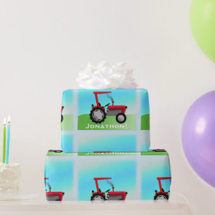Papel De Regalo Clásico Tractor Rojo "Feliz cumpleaños, nombre"