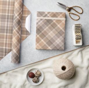 Papel De Regalo Clásico Tradicional Beige Marrón Cuero Gris Cuadro