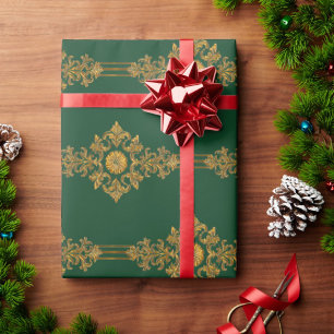 Papel De Regalo Clásico Verde Bosque Medallón Dorado Rayado  