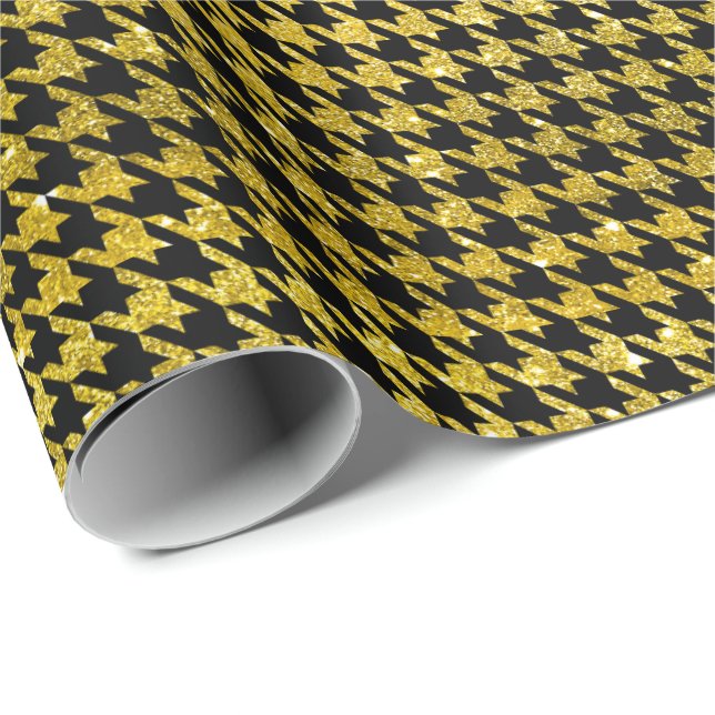 Papel De Regalo Classic Black and Gold Houndstooth Pattern  (Esquina del rollo)