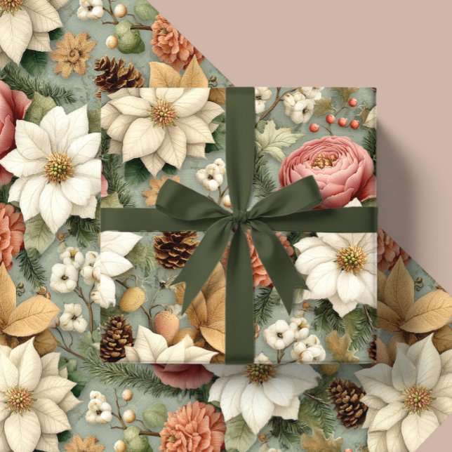 Papel De Regalo Classic Christmas Pink and Sage Green Floral Gift (Subido por el creador)