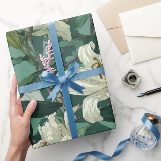 Papel De Regalo Classic White Lily Green Floral Pattern (Regalar)