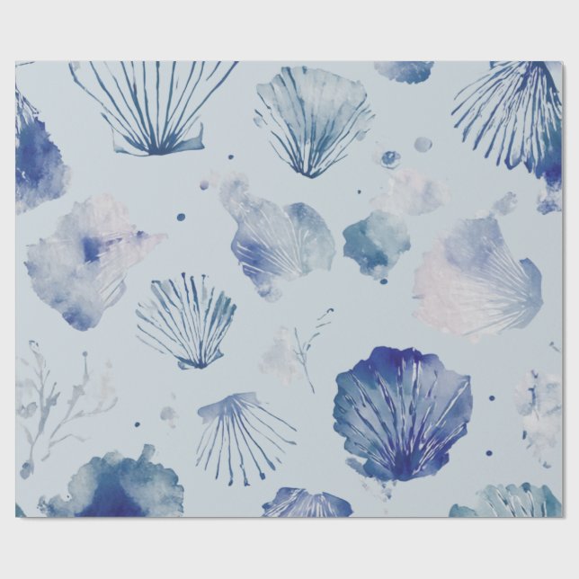 Papel De Regalo Coastal Christmas Blue Watercolor Seashells  (Superficie plana)