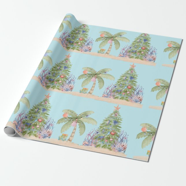 Papel De Regalo Coastal Christmas Palm Tree Gift Wrap – Ocean Holi (Desenrollado)