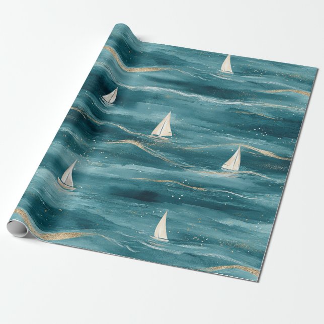 Papel De Regalo Coastal Sailboat Waves Nautical Pattern (3) (Desenrollado)