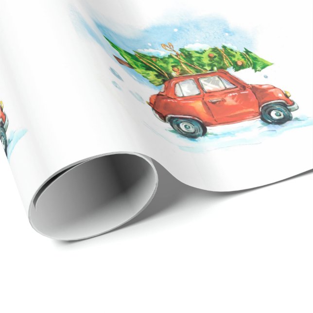 Papel De Regalo Coche acuarela con árbol de Navidad (Esquina del rollo)