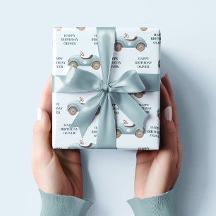 Papel De Regalo Coche azul acuático   Cumpleaños