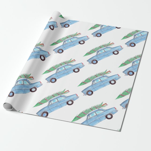 Papel De Regalo Coche azul con acuarela de árbol de Navidad (Desenrollado)