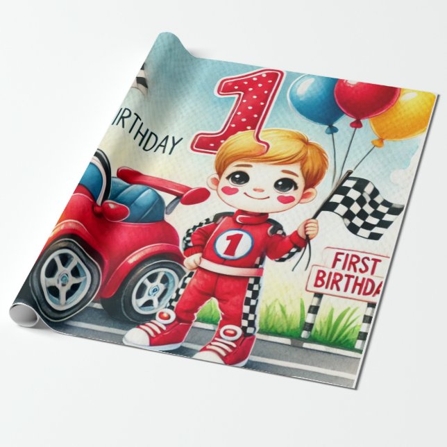 Papel De Regalo Coche de Carreras Primer niño de cumpleaños Waterc (Desenrollado)