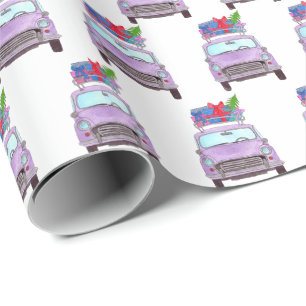 Papel De Regalo Coche morado con Navidades y acuarela