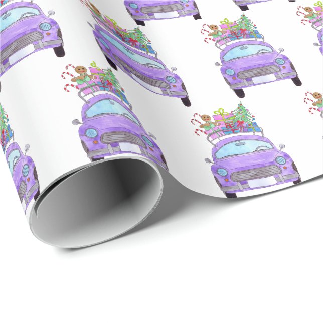 Papel De Regalo Coche púrpura con Navidades Regalos acuarela (Esquina del rollo)