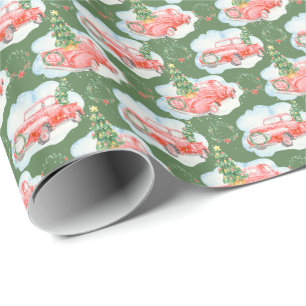 Papel De Regalo Coche rojo color agua con verde árbol de Navidad