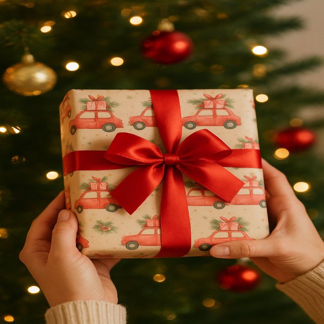 Papel De Regalo Coche rojo festivo | Diseño navideño de regalos pa (Subido por el creador)