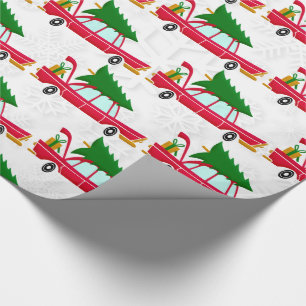 Papel De Regalo Coche rojo retro que lleva un árbol de Navidad