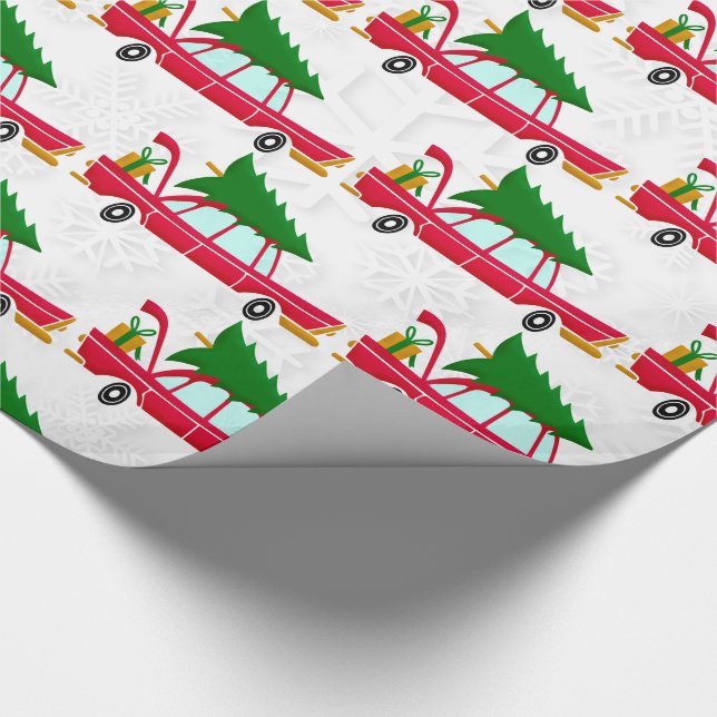 Papel De Regalo Coche rojo retro que lleva un árbol de Navidad (Esquina)