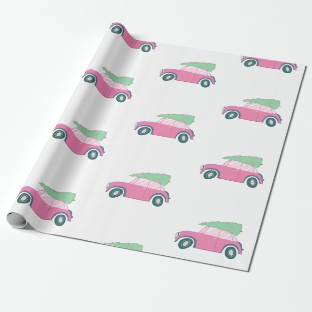 Papel De Regalo Coche rosa lindo con árbol de Navidad en acuarela (Desenrollado)