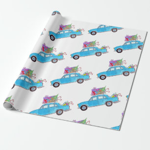 Papel De Regalo Coche verde con acuarela de regalos para Navidades