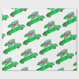 Papel De Regalo Coche verde con acuarela de regalos para Navidades