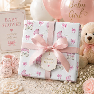 Papel De Regalo Cochecito de Bebé Rosa y Lazo Acuarela