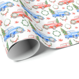 Papel De Regalo Coches de color rojo y verde con árboles de Navida