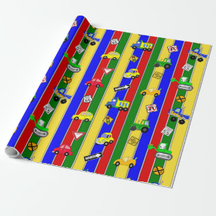 Papel De Regalo Coches y Camiones Azul, Verde y Amarillo Niño