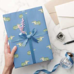 Papel De Regalo Cocodrilos Acuarela sobre Azul