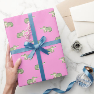 Papel De Regalo Cocodrilos acuarela sobre rosa