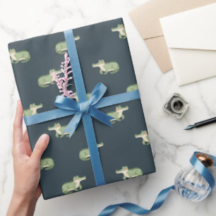 Papel De Regalo Cocodrilos en acuarela sobre gris azulado oscuro