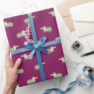 Papel De Regalo Cocodrilos en acuarela sobre rosa oscuro