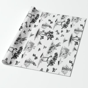 Papel De Regalo Codornices Toile De Jouy blanco y negro