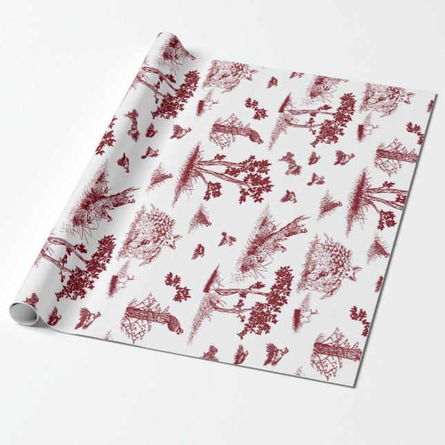 Papel De Regalo Codornices Toile De Jouy Cranberry y blanco (Desenrollado)
