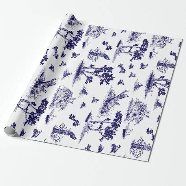 Papel De Regalo Codornices Toile De Jouy Navy y blanco (Desenrollado)