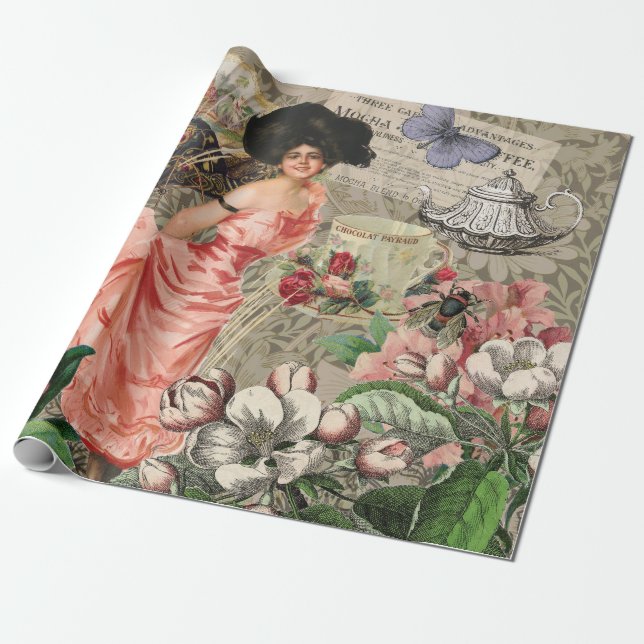 Papel De Regalo Coffee Lady Victorian Mujer Rosa Clásica (Desenrollado)