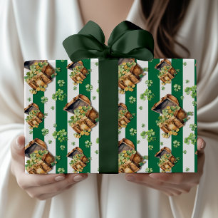 Papel De Regalo Cofre Antiguo Verde Botella Rayas Chic