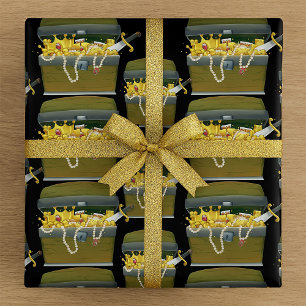 Papel De Regalo Cofre del Tesoro Pirata con Joyas y Espada