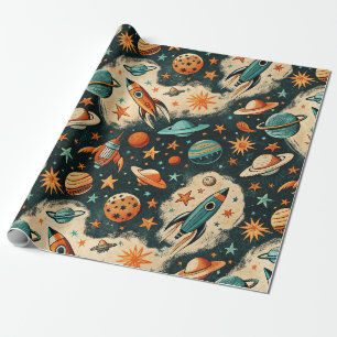 Papel De Regalo Cohete Cósmico Retro Cómic Explosión de Estrellas 