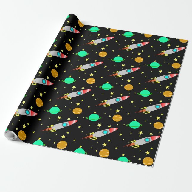 Papel De Regalo Cohetes, asteroides y planetas en el espacio (Desenrollado)