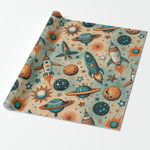 Papel De Regalo Cohetes Estrellas Cósmicas Caprichosas Coral Teal