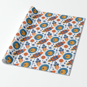 Papel De Regalo Cohetes Estrellas y Planetas Naranja y Azul