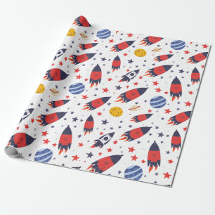 Papel De Regalo Cohetes Rojos Estrellas y Planetas