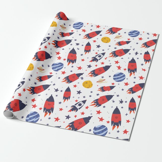 Papel De Regalo Cohetes Rojos Estrellas y Planetas  (Desenrollado)