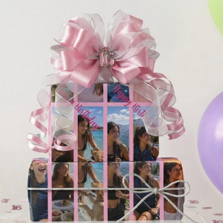 Papel De Regalo Colaje de fotos verticales rosado de 16 fotos Feli