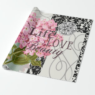 Papel De Regalo Colaje de Hortensia Rosa Chic Arte de Damasco Vint