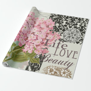 Papel De Regalo Colaje de Hortensia Rosa Chic Arte de Damasco Vint